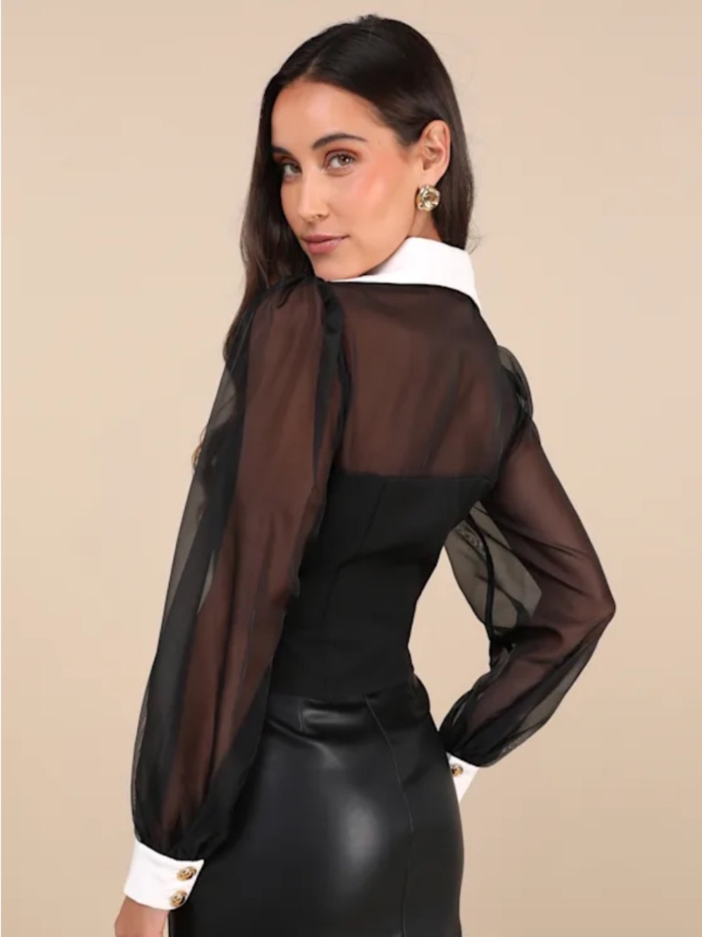 Lulu's Black Sheer-Sleeve Button Front Top with White Collar - XS - Picture 6 of 6